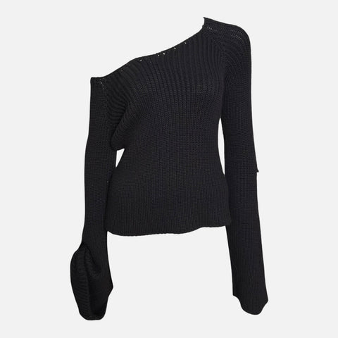 Gucci by Tom Ford F/W 2003 Black Ribbed-Knit One-Shoulder Bell-Sleeve Sweater With Leather Buckle