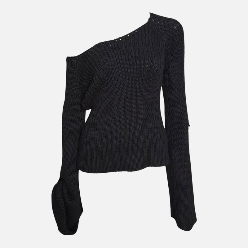 Gucci by Tom Ford F/W 2003 Black Ribbed-Knit One-Shoulder Bell-Sleeve Sweater With Leather Buckle