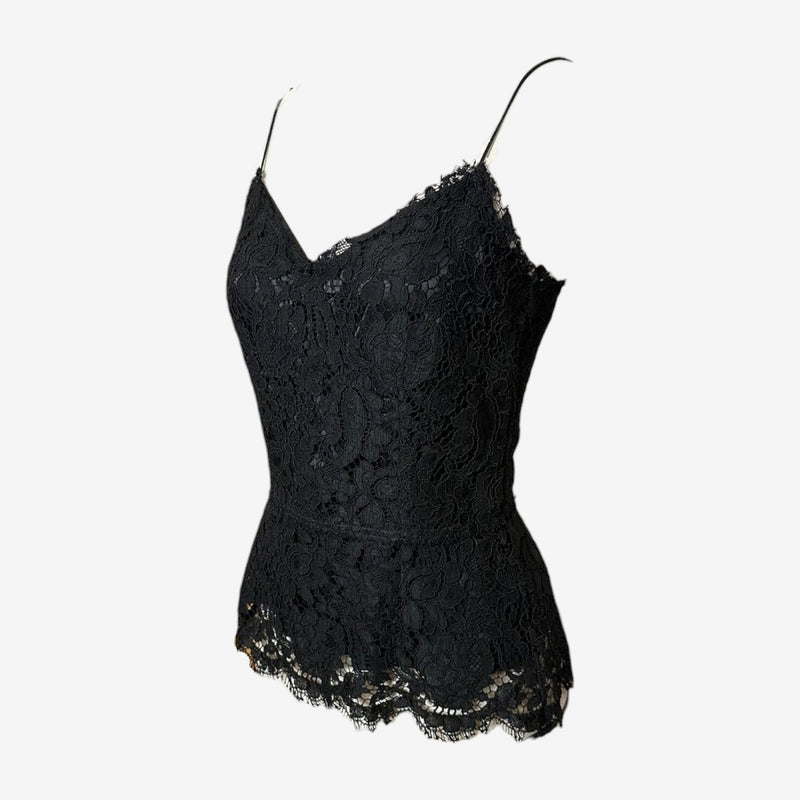 Black lace top by Dolce & Gabbana, fitted bodice with side zip closure