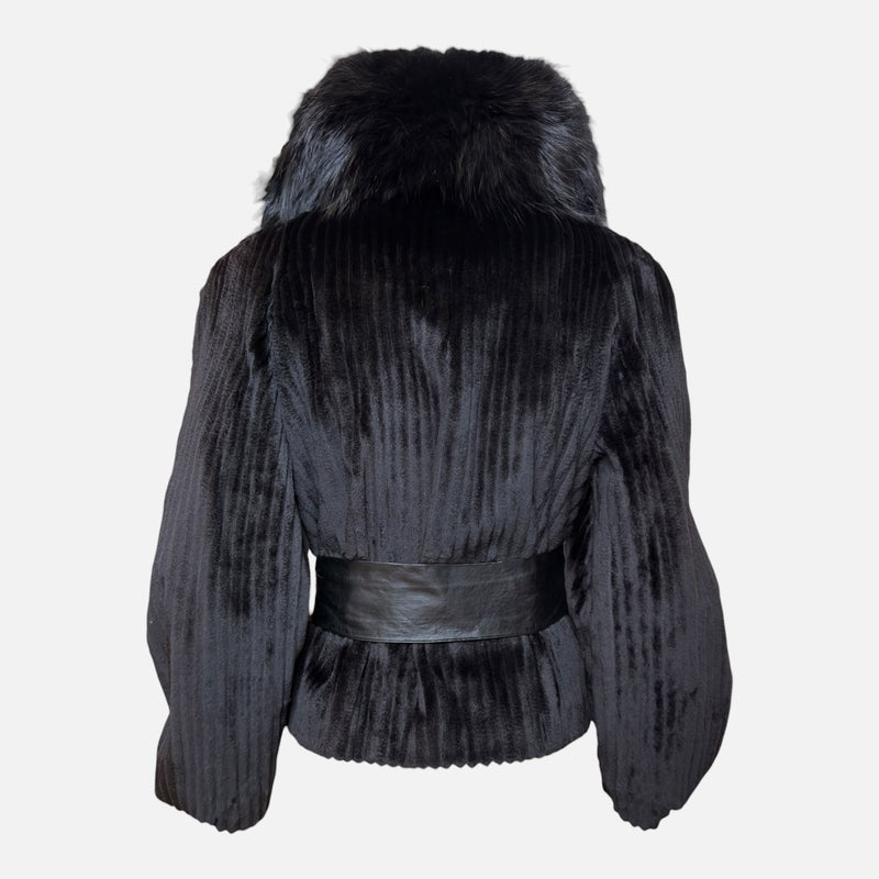 Gucci by Frida Giannini F/W 2008 Black Grooved Mink Fur Jacket With Voluminous Fox Fur Collar And Leather Belt