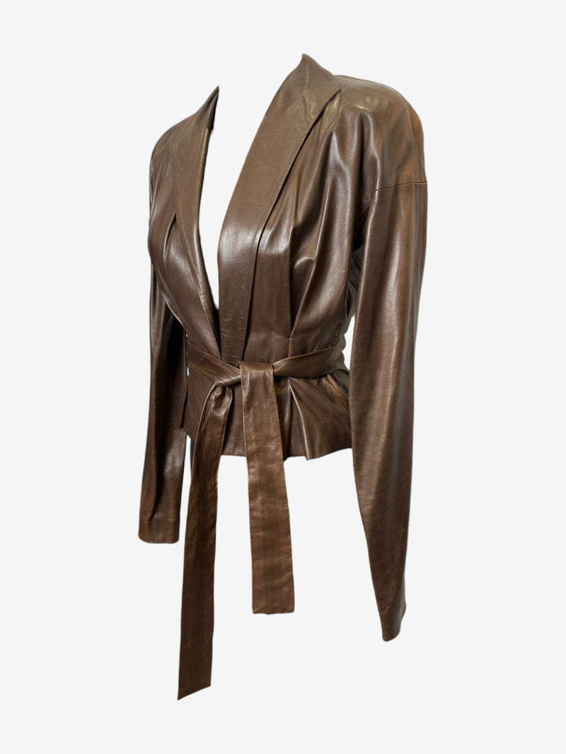 Brown leather wrap jacket by Yves Saint Laurent Tom Ford, back view with fitted sleeves