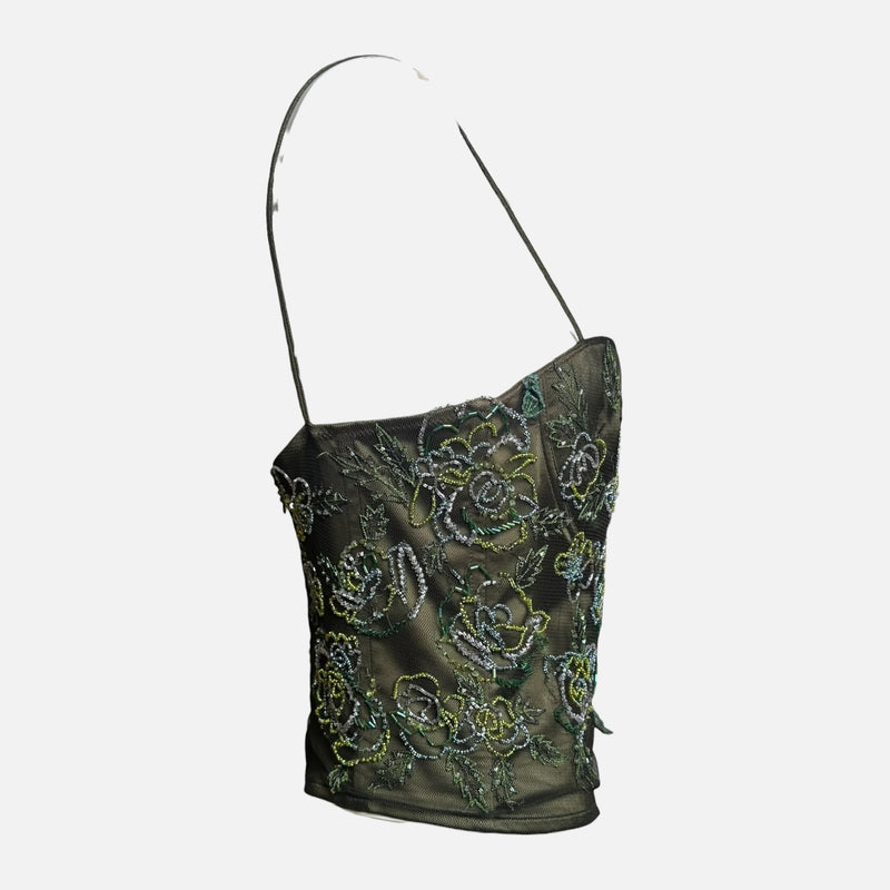 La Perla 1990s Olive Green Beaded Floral-Embellished Corset Top