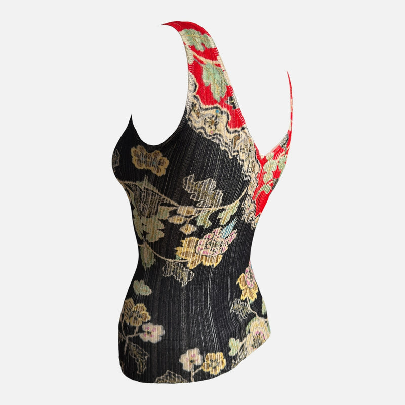 Roberto Cavalli S/S 2003 Black And Red Chinoiserie Pleated Silk Tank Top