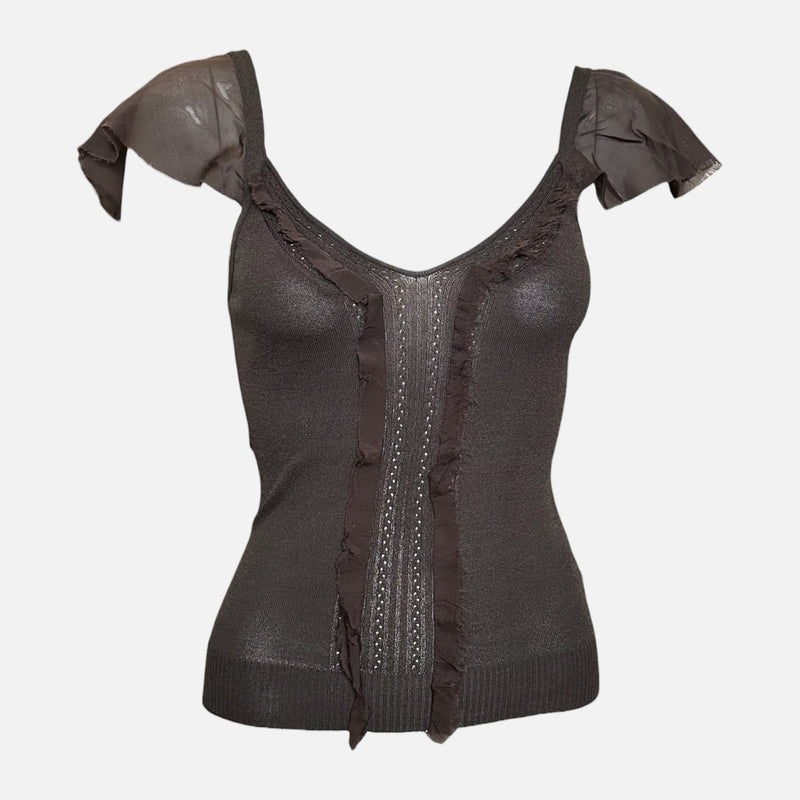 Valentino S/S 2003 Brown Knit Ruffle-Trim Crystal-Embellished Top