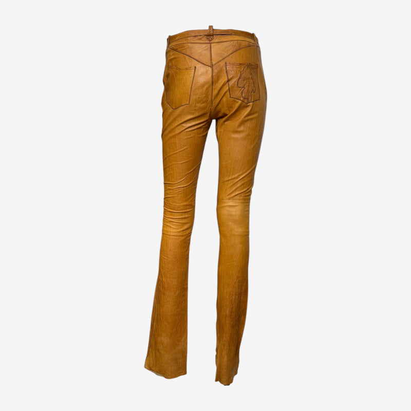 Roberto Cavalli cognac lambskin pants, waistband and front closure detail with leather belt