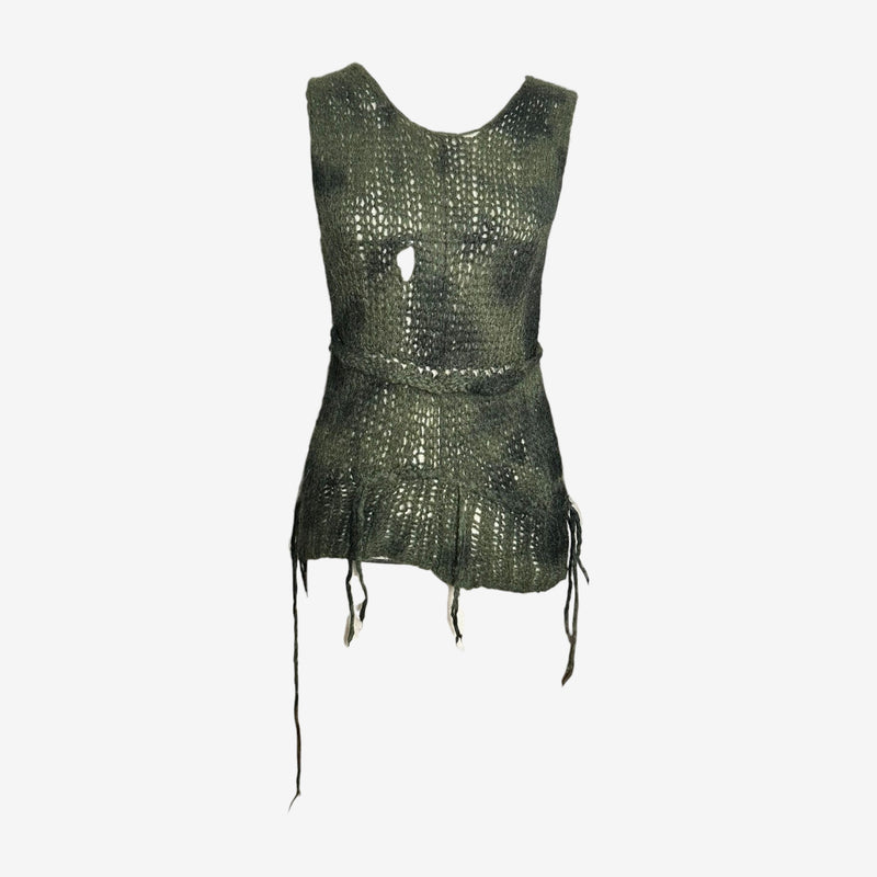 Olive green distressed knit tank top by Junya Watanabe, front view with chest keyhole cutout