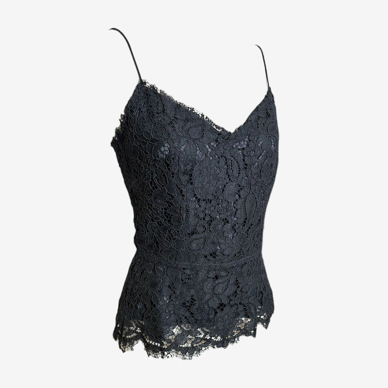 Black floral lace top by Dolce & Gabbana, back view showing construction