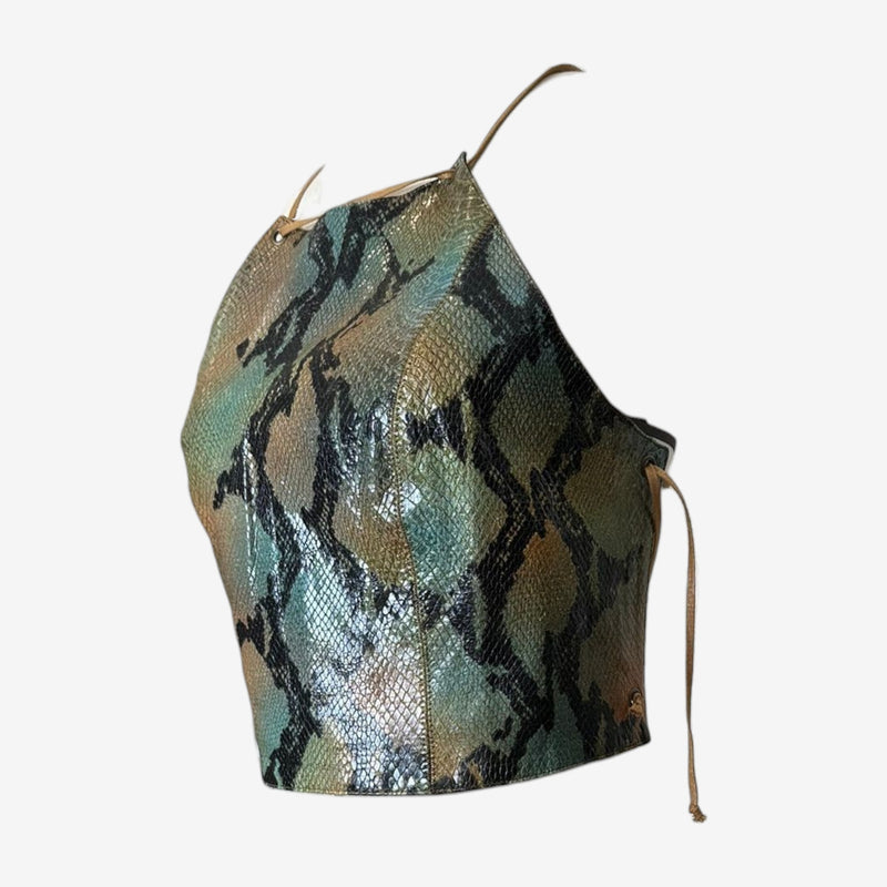 Python print leather halter top by Plein Sud, back view with adjustable leather ties