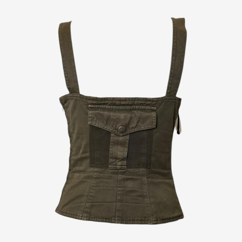 Back view of olive green canvas bustier by Dolce & Gabbana with mesh chest panels and topstitching