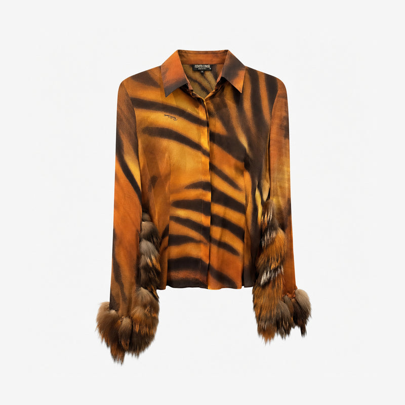 Roberto Cavalli tiger print silk shirt, back view with fur trim