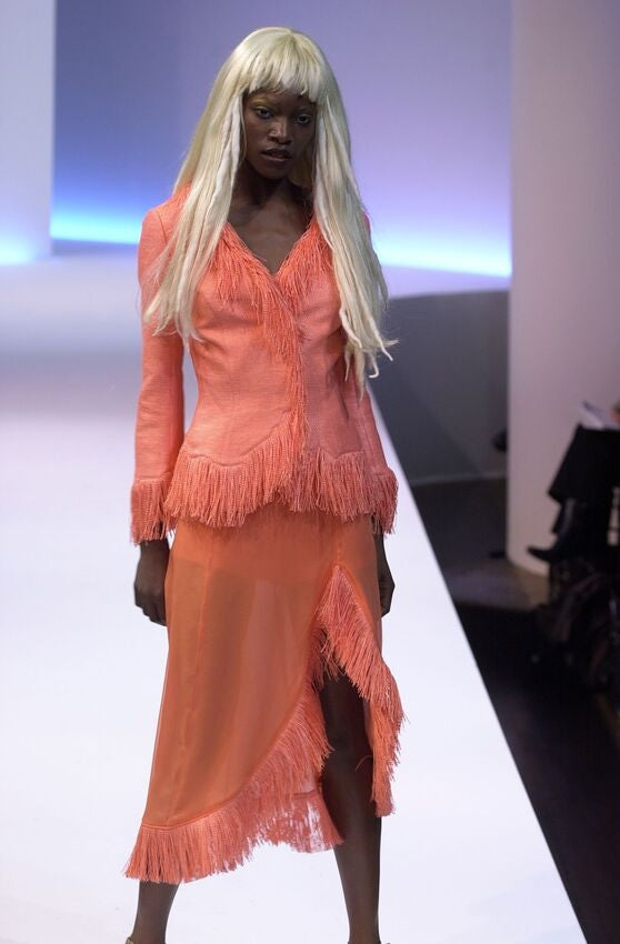 Coral silk slip dress by Thierry Mugler, runway photograph from Spring/Summer 2001 collection