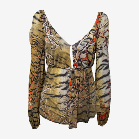 Roberto Cavalli S/S 2005 Tiger And Coral Branch Print Long-Sleeve Blouse