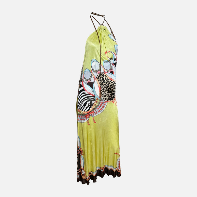 Roberto Cavalli S/S 2004 Yellow Animal-Print Halterneck Open-Back Maxi Dress