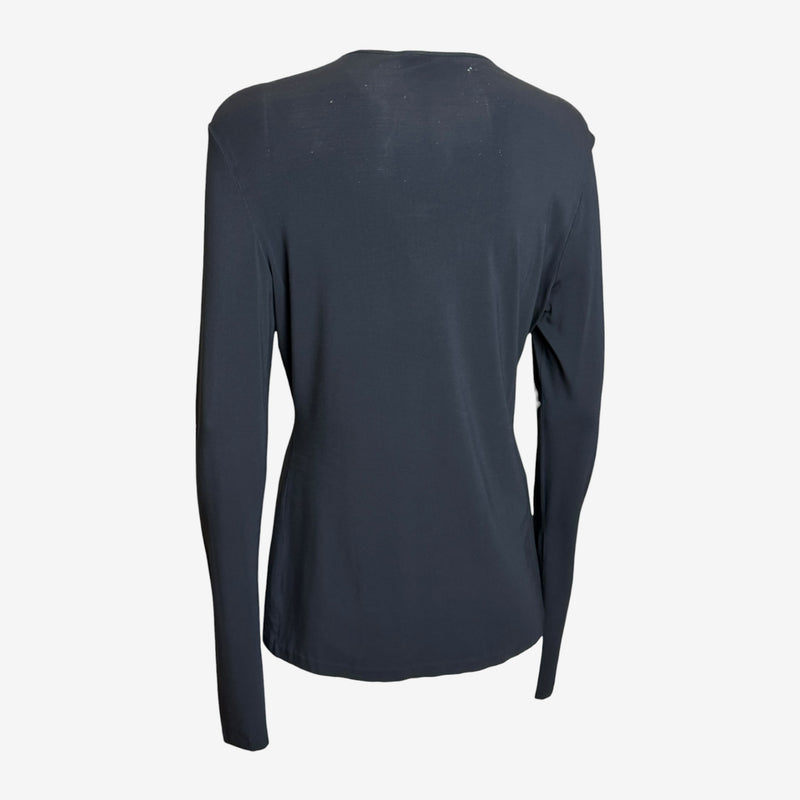 Black stretch jersey keyhole top, front view with minimalist aesthetic