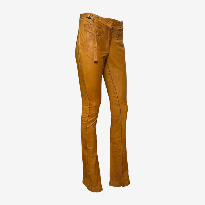 Cognac leather flare pants by Roberto Cavalli, side seam and leg opening detail