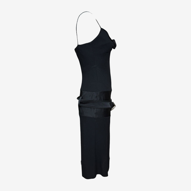 Black wool crepe mini dress by John Galliano with silver-tone square buckle belt at hip
