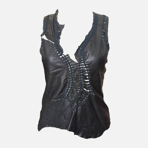 Jean Paul Gaultier S/S 2001 Black Leather Braided-Front Tank Top