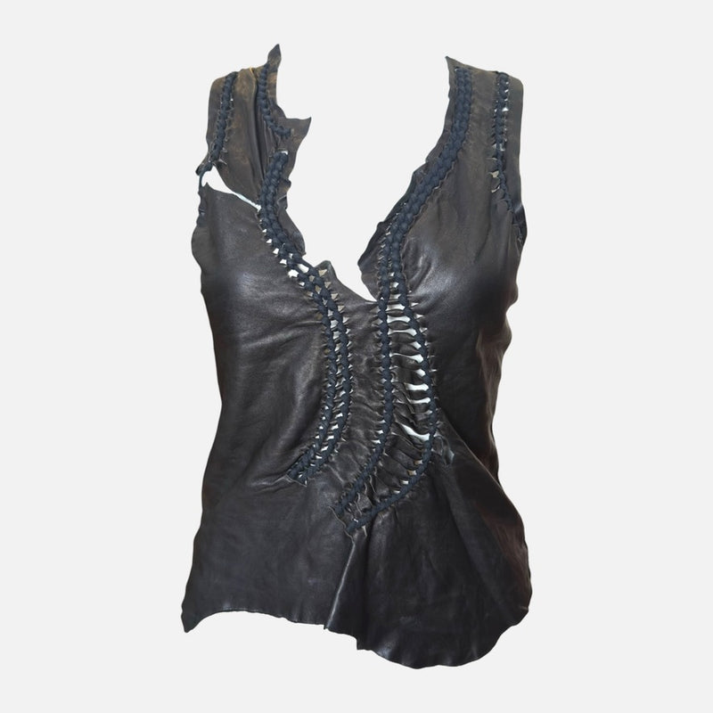 Jean Paul Gaultier S/S 2001 Black Leather Braided-Front Tank Top