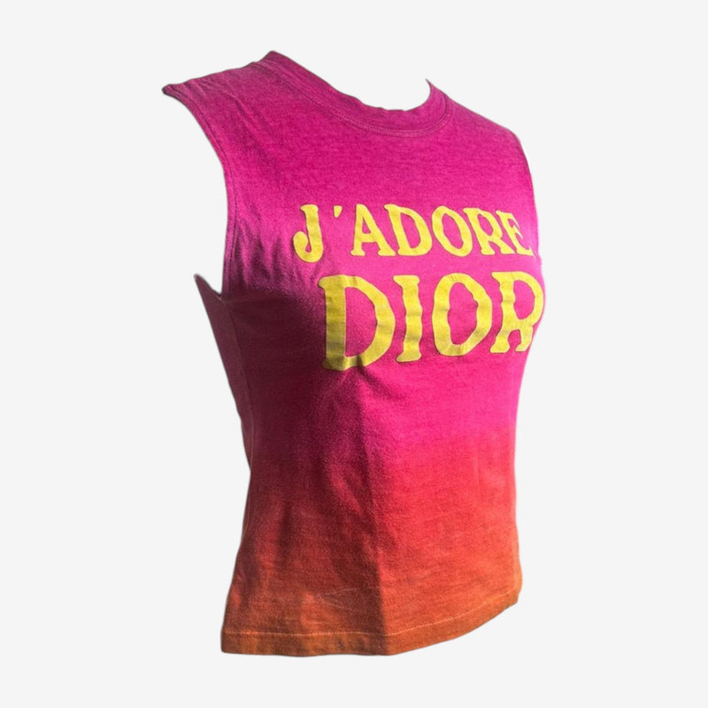 Close-up of yellow J'adore Dior lettering on cotton tank top by Dior