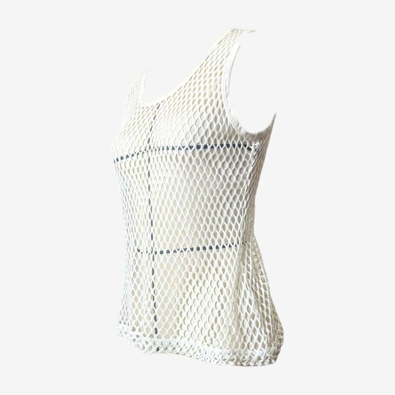White cotton fishnet tank top by Dolce & Gabbana, back view of sleeveless construction