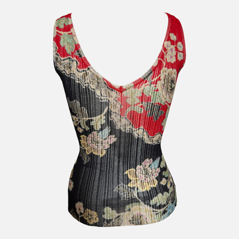 Roberto Cavalli S/S 2003 Black And Red Chinoiserie Pleated Silk Tank Top