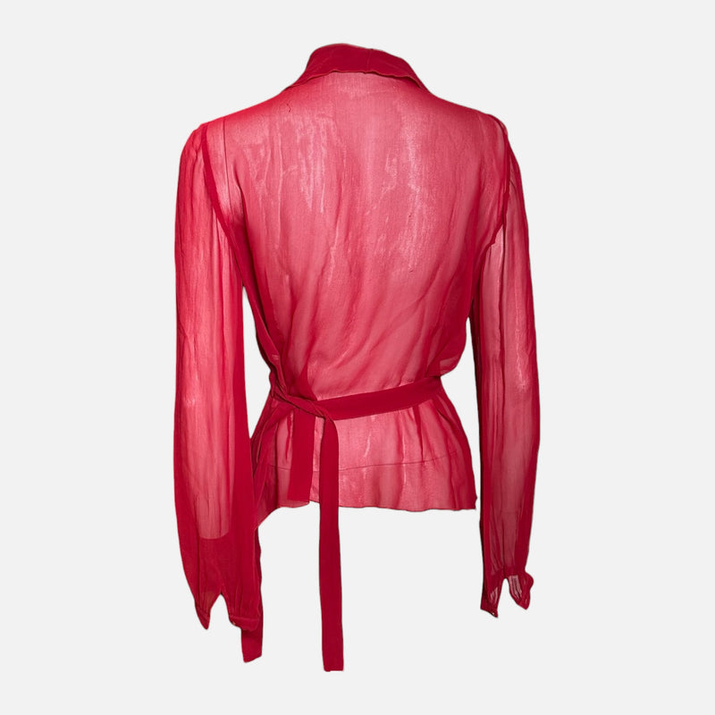Valentino 2000s Red Sheer Ruffled Peplum Blouse