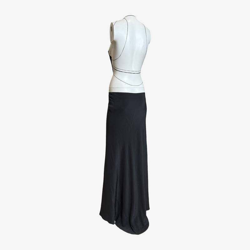 Close-up of halter neck construction and plunging neckline detail
