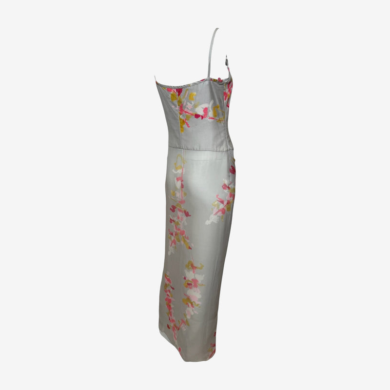 Christian Lacroix S/S 1999 Grey Floral-Print Draped Silk Maxi Dress
