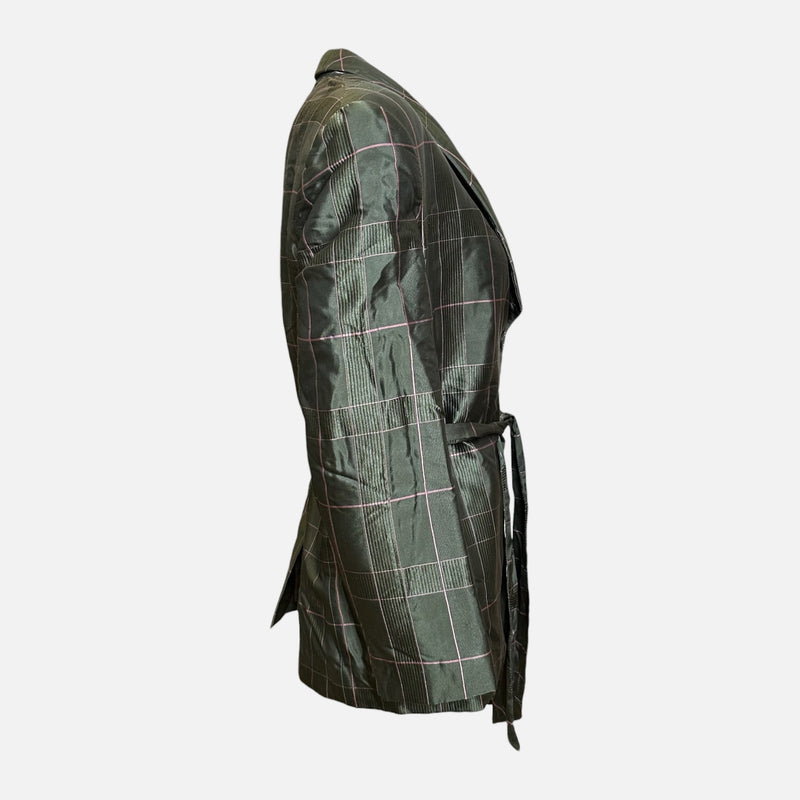 Prada F/W 1997 Olive Iridescent Windowpane-Check Quilted Belted Blazer