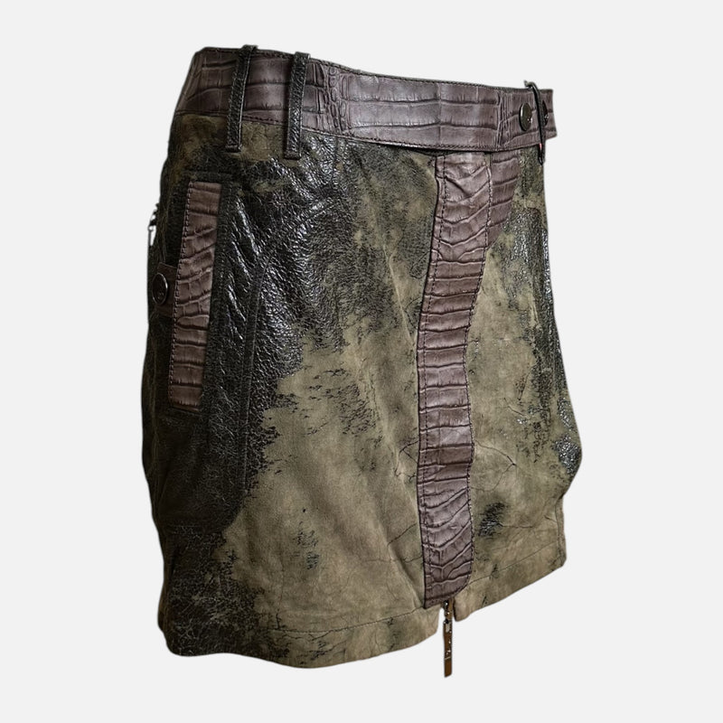 Christian Dior by John Galliano F/W 2006 Khaki Distressed Leather Croc-Embossed Mini Skirt