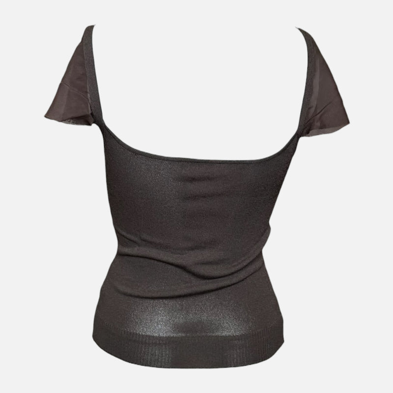 Valentino S/S 2003 Brown Knit Ruffle-Trim Crystal-Embellished Top