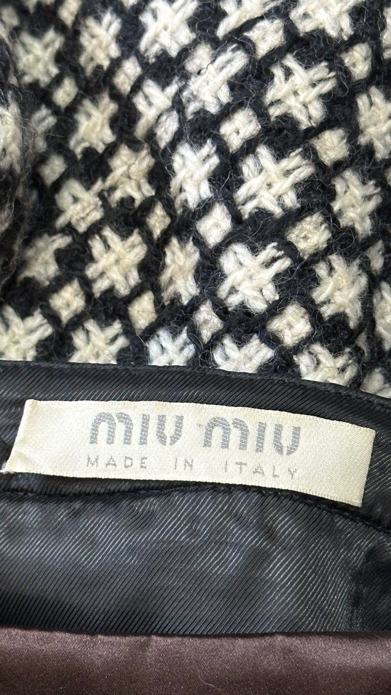 Miu Miu F/W 2000 Black And White Wool Boucle Houndstooth Pencil Skirt With Contrast Waistband
