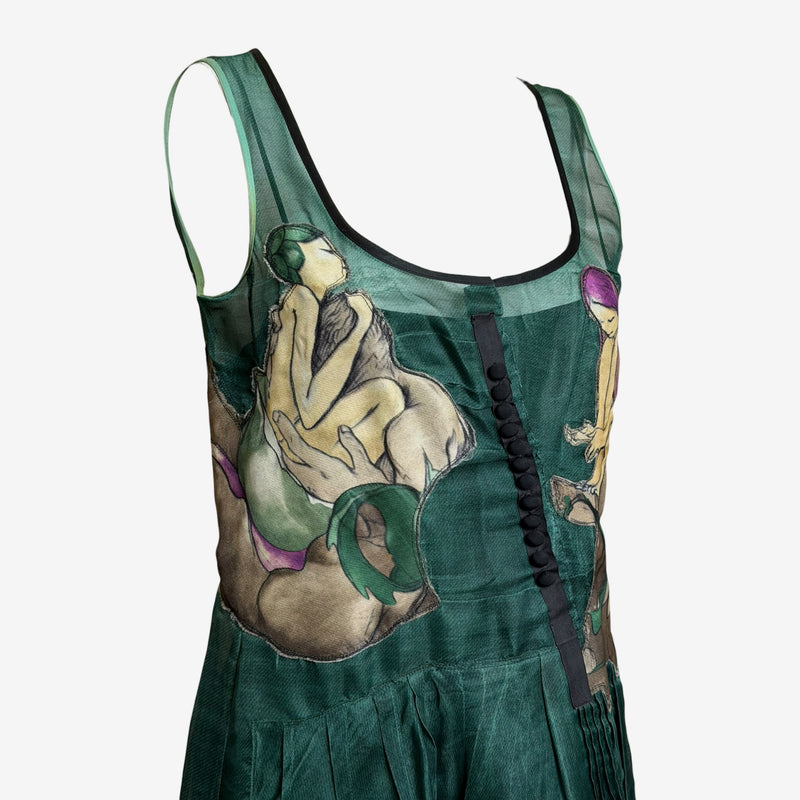 Emerald green silk organza dress by Prada, scoop neckline with black contrast trim, front button panel