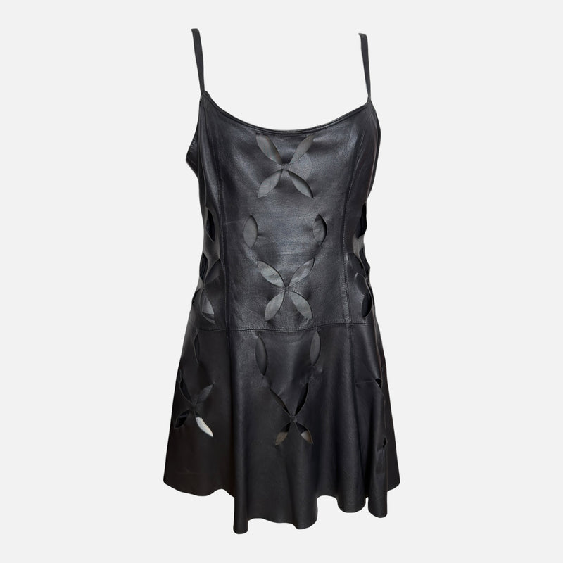 Gianni Versace S/S 1994 Black Leather Cutout-Floral Mini Dress