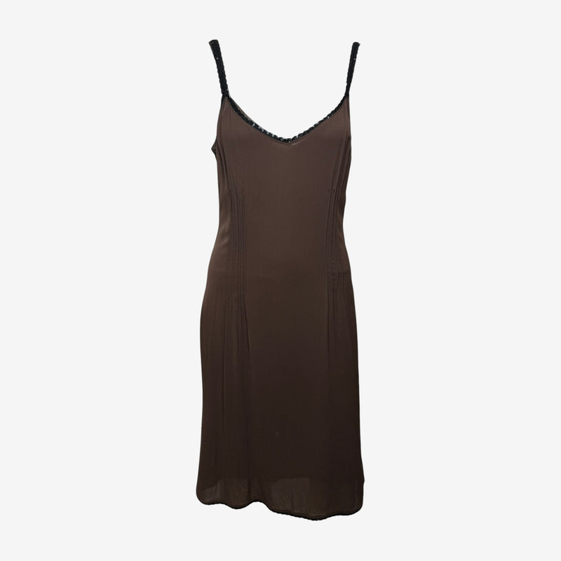 Miu Miu F/W 2000 Brown Pintucked Sequin-Trimmed Slip Dress
