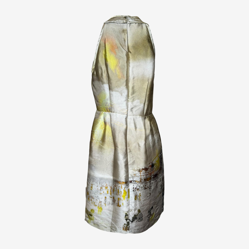 Front halter neckline detail of Prada tropical print silk dress with self-ties