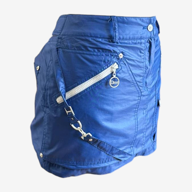 Blue nylon technical mini skirt by Christian Dior, side detail showing fitted silhouette and elasticated waistband