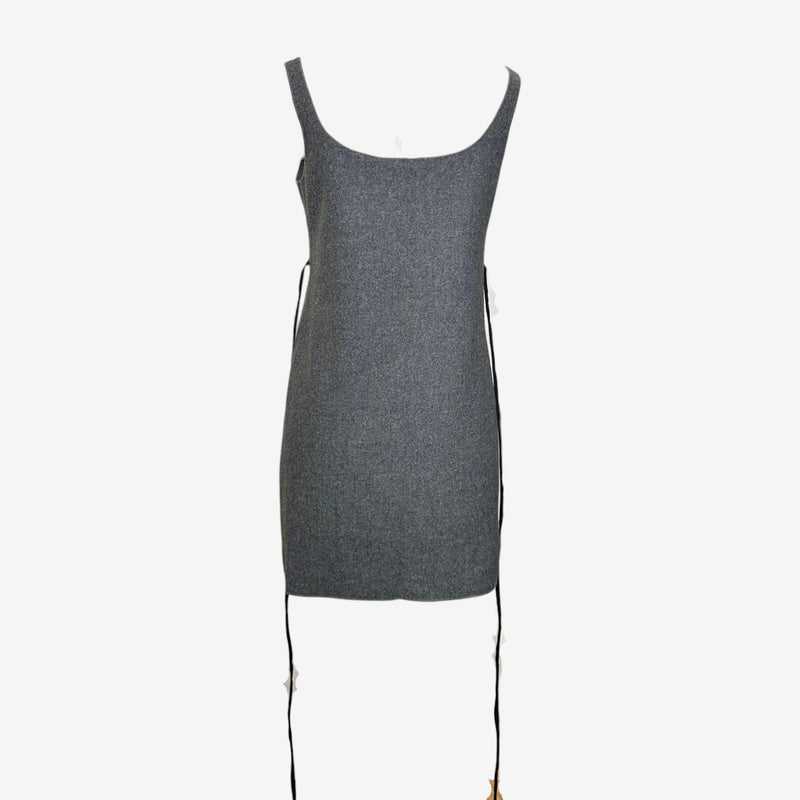 Grey dress by Miu Miu, black cord lace-up ties extending to hem