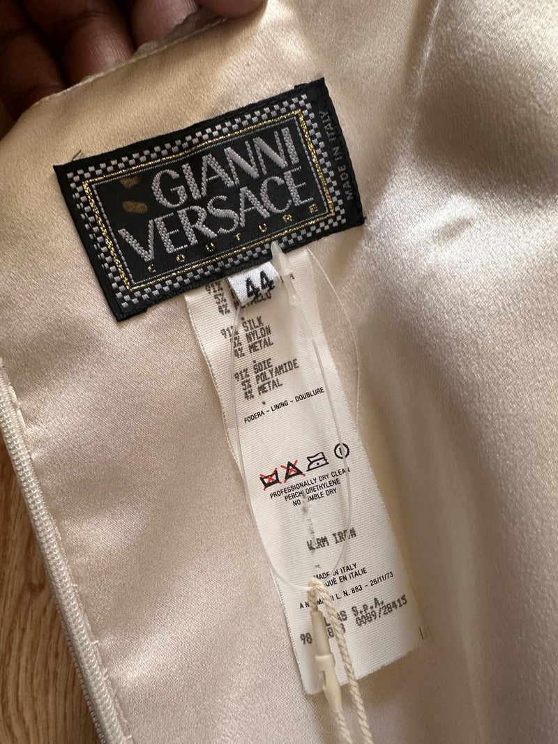 Gianni Versace F/W 1998 Couture Ivory Smocked Crystal-Embellished Empire-Line Midi Dress