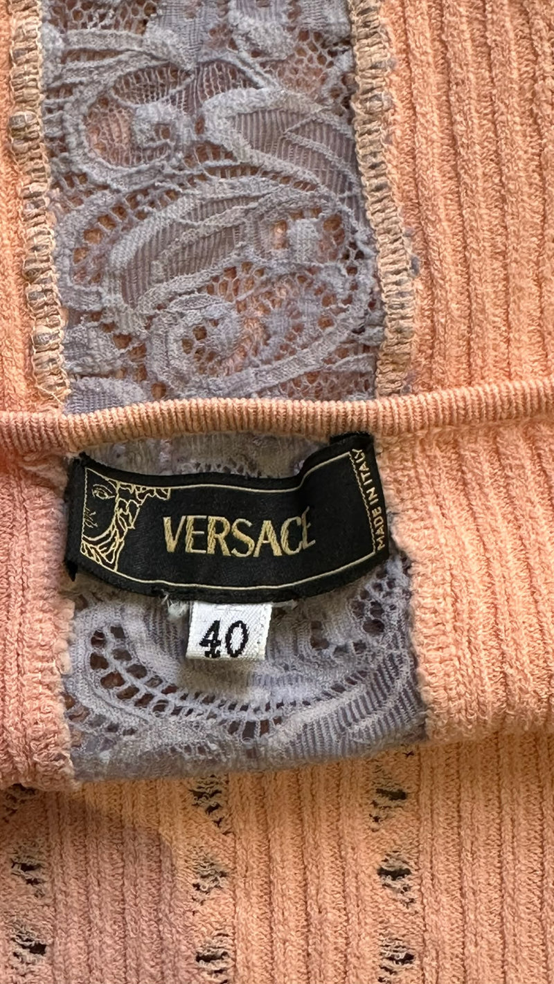 Versace S/S 2005 Peach Pointelle-Knit Lace-Panel Halter Top