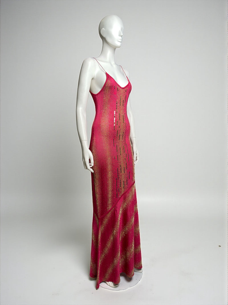 Fuchsia jersey evening gown by John Galliano with spaghetti straps and V-neckline