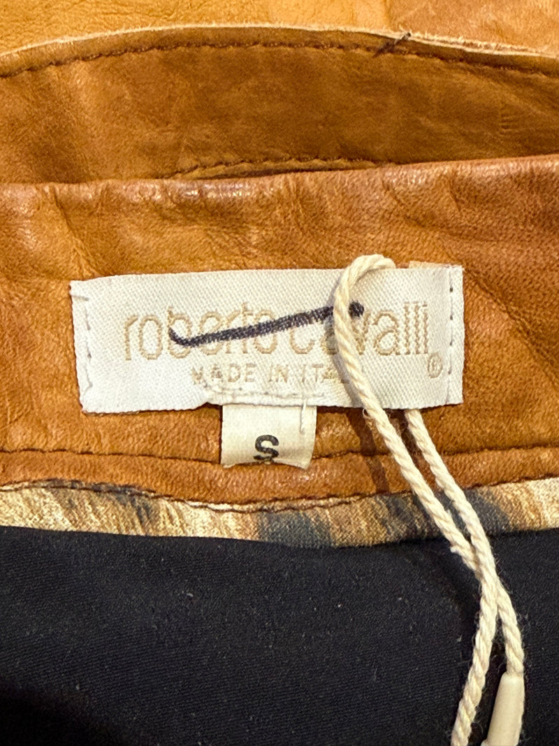 Roberto Cavalli cognac leather pants, side view of silhouette and flared leg