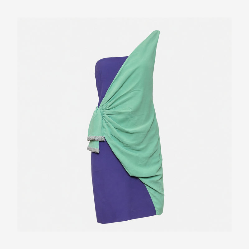 Valentino S/S 2008 Purple And Mint Colour-Block Rhinestone-Trimmed Draped Mini Dress