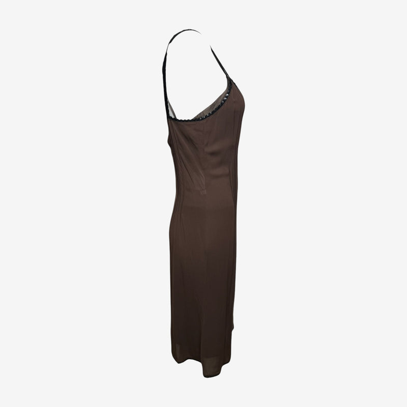 Miu Miu F/W 2000 Brown Pintucked Sequin-Trimmed Slip Dress