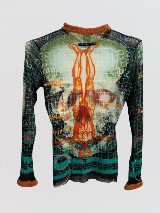 Jean Paul Gaultier Sheer Knit Printed Mesh Top