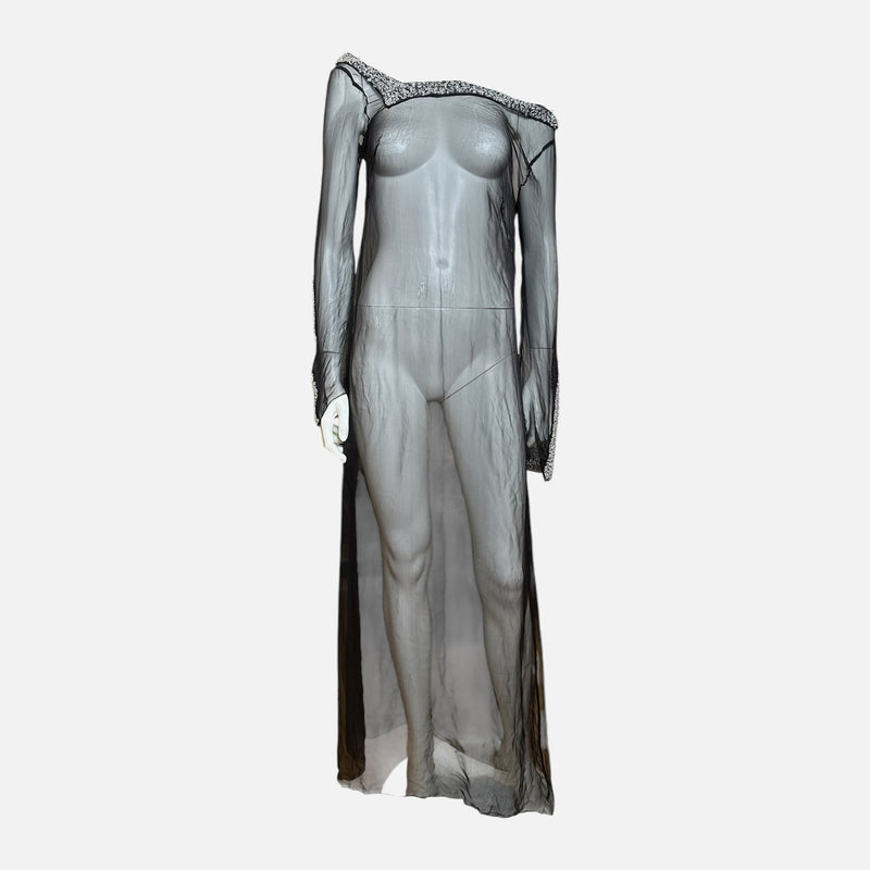 Alberta Ferretti 1990s Black Sheer Crystal-Chip Embellished Maxi Dress