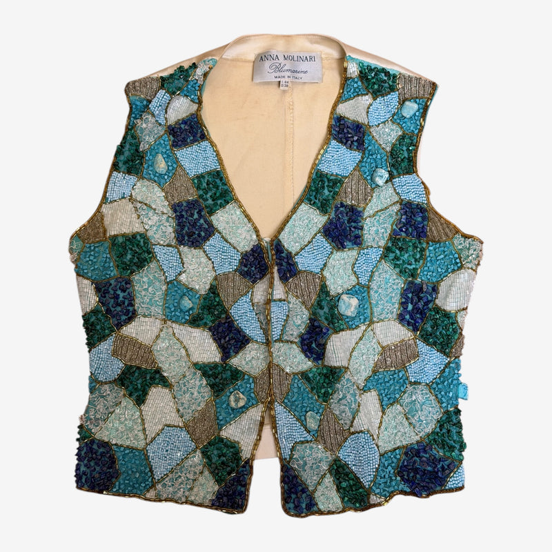 Multi-colored beaded vest by Blumarine, sleeveless V-neck with seed bead and cabochon detail