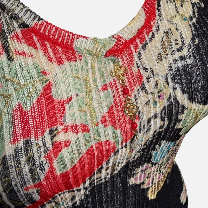 Roberto Cavalli S/S 2003 Black And Red Chinoiserie Pleated Silk Tank Top