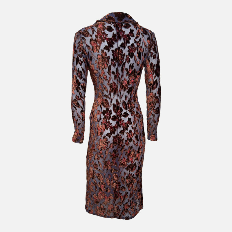 Lolita Lempicka F/W 1997 Slate Blue Floral Velvet Devoré Buttoned Midi Dress