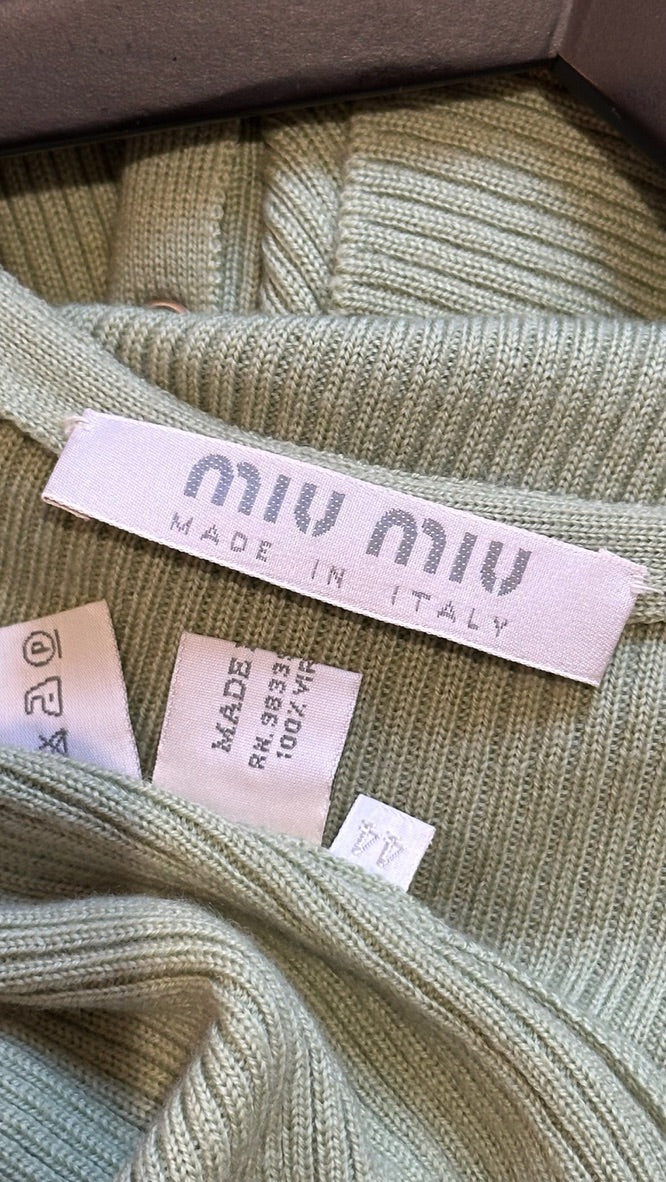 Miu Miu S/S 1998 Sage Green Ribbed-Knit V-Neck Cardigan